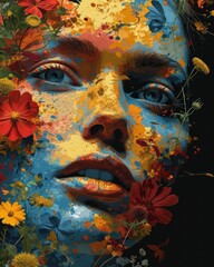 Captivating Digital Portrait: Feminine Beauty Amidst Floral Splendor | Abstract Fine Art Painting Depicting a Female Face Blossoming in Colorful Flowers. Generative AI - obrazy, fototapety, plakaty