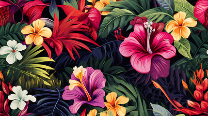 exotic flowers and lush foliage seamless pattern - obrazy, fototapety, plakaty