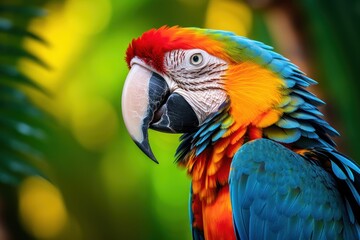 Close-up of a colorful parrot in a tropical forest.