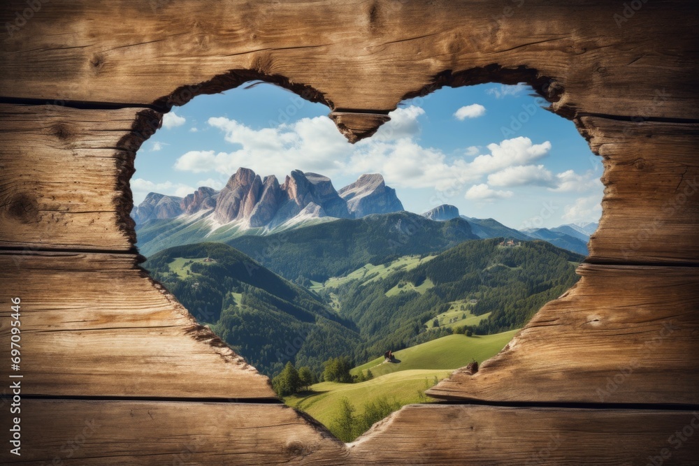 Poster hole in a wooden fence in the shape of a heart with a view of the mountains, framing. background wit