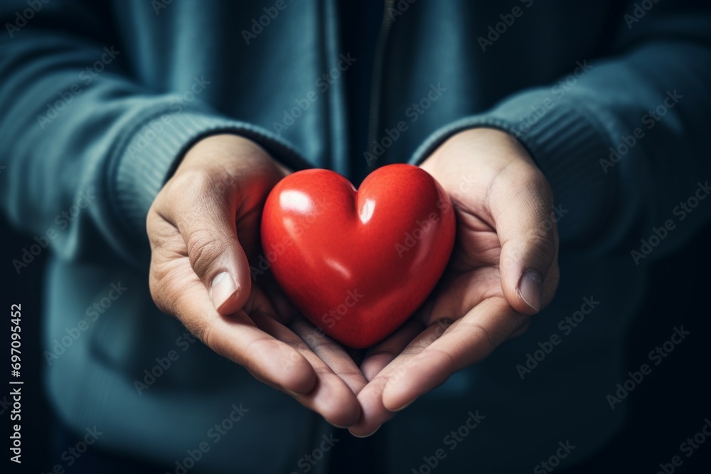 Poster heart in hands. background with selective focus and copy space