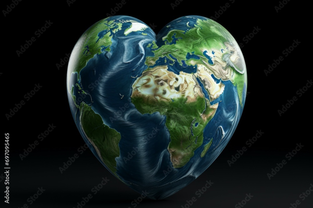 Poster planet earth in the shape of a heart with selective focus and copy space