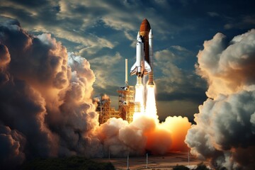 Rocket launch. Background with selective focus and copy space. Photorealistic style - obrazy, fototapety, plakaty