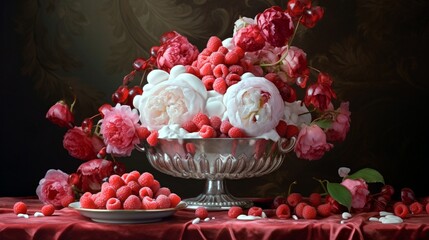 A captivating composition featuring sliced lychees and raspberries adorned with intricate patterns of whipped cream, captured under soft, ethereal lighting.