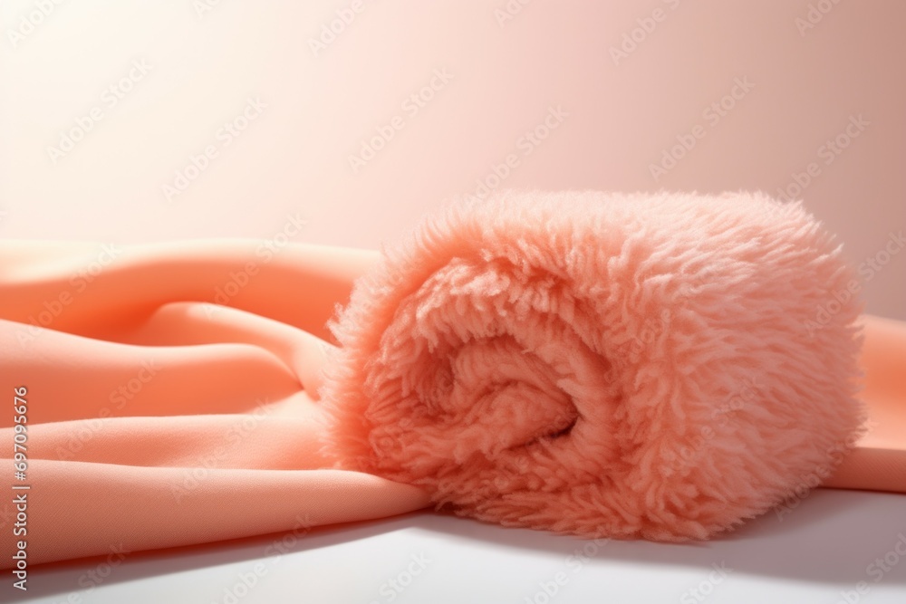 Poster rolled blanket and textiles in trendy colors. background with selective focus and copy space