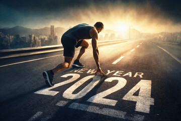 New year 2024 concept, beginning of success. Text 2024 written on asphalt road, male runner preparing for the new year - obrazy, fototapety, plakaty