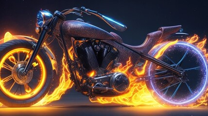chopper motorcycle with fire or energy in the tires