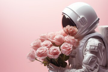 An astronaut carries a bouquet of flowers as a gift with selective focus and copy space for the...