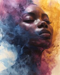 African Female Portrait: Surrealistic Art Piece Amidst Colored Smoke and Paint – Captivating, Vibrant, and Expressive Digital Art for Modern Design Projects and Inspiration. Generative AI