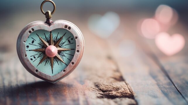 A rustic compass with a weathered needle pointing towards a soft pastel colored heart, representing the journey of love leading to a fulfilling direction in life.