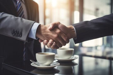 Corporate handshake in an office, symbolizing agreement and business partnership.