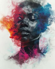 African Female Portrait: Surrealistic Art Piece Amidst Colored Smoke and Paint – Captivating, Vibrant, and Expressive Digital Art for Modern Design Projects and Inspiration. Generative AI