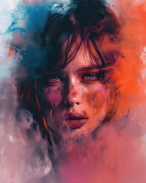 Abstract Artistry: A Visionary Portrait of a Woman in Colorful Smoke and Paint. Generative AI