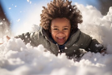 Fototapeta na wymiar Little African American boy sliding on snow, capturing winter playfulness and childhood joy.