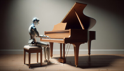 Modern AI humanoid robot preparing to play a grand piano in a serene setting