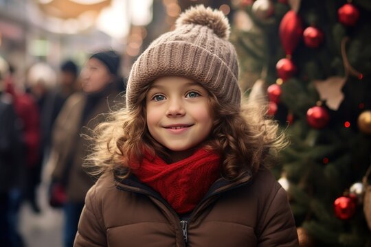 Little girl in winter clothes near a Christmas tree at a market, showcasing holiday spirit and family.