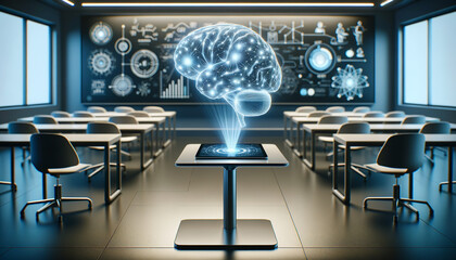 Futuristic classroom with holographic brain projection on tablet.