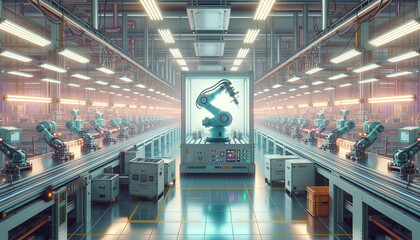 Futuristic robotic arm assembling product in retro-style factory.