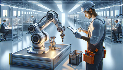 Modern manufacturing floor with humanoid robot arm and human worker collaborating on precise assembly work.