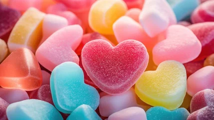 Foto op Aluminium A macro image of a pile of heartshaped gummy candies in various pastel colors, with a background of oversized candy canes and cotton candy clouds. © Justlight