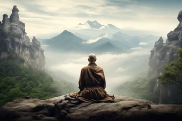 Tuinposter Serene monk meditating in a tranquil mountain setting. © Jelena