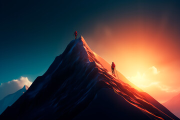 Ascending to success: Depicting a person climbing a slope toward a mountain peak, illustrating the concepts of setting goals, human performance limits, growth mindset, and motivation.
