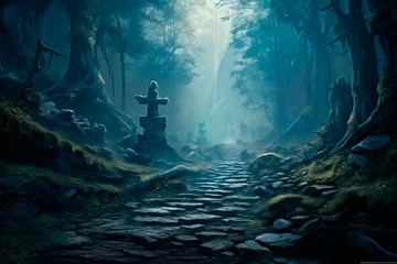 Deurstickers Enchanting scenery: A mystical forest with a stone path enveloped in blue mist, creating an ethereal and magical landscape.       © Uliana