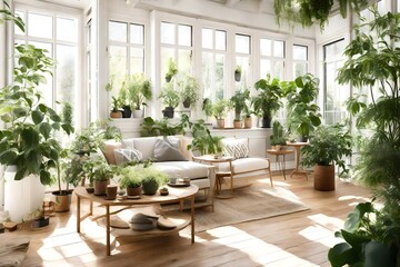 A bright sunroom filled with lush green plants.