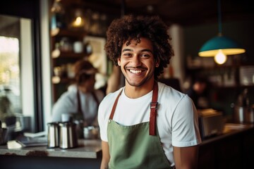 Smiling barista serving coffee in a local cafe. - obrazy, fototapety, plakaty