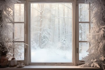 Snow-covered winter forest landscape seen through a cottage window, capturing the serenity of the season.
