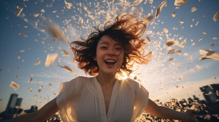 A beautiful young woman joyfully tosses paper into the air, her smile radiating happiness. Generative AI.