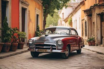 Vintage car parked on a picturesque street in an old town.