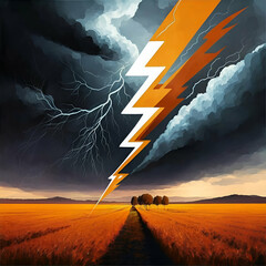 Lightning bolt striking a vast open field. Useful for wall art, branding and logos, book cover, merchandise design, art exhibition, album covers  - obrazy, fototapety, plakaty