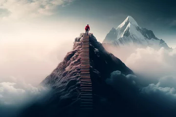 Stof per meter Ascending to success: Depicting a person climbing a slope toward a mountain peak, illustrating the concepts of setting goals, human performance limits, growth mindset, and motivation.       © Uliana