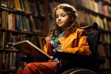 A young school-aged girl sits in a wheelchair in a library