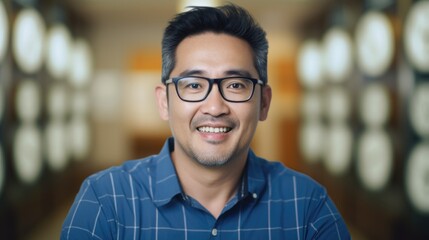 A man with glasses and a blue shirt smiles. Generative AI.