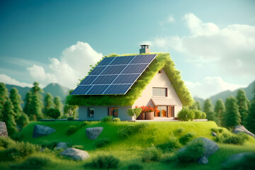 Obraz premium Sustainable living: House with a solar rooftop in alternative power concepts, promoting an ecosystem-friendly and green environment against a natural landscape background.