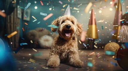 A festive labradoodle dog wearing a party hat surrounded by falling confetti. Generative AI. - obrazy, fototapety, plakaty