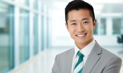 A confident Asian businessman in a modern office, radiating success and happiness. Generative AI.