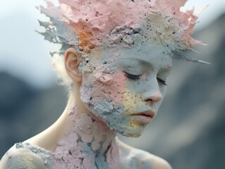 A vibrant woman with a painted face and hair covered in colorful paint. Generative AI.