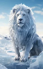 Gordijnen A white snow lion is sitting on top of some ice. Generative AI. © Natalia