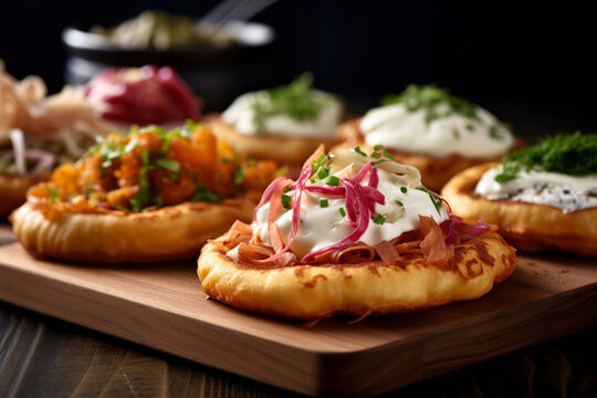 Hungarian langos are served on a wooden board. (Generative AI)