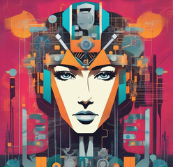 Drawn robot woman, cyber girl