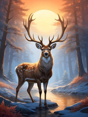 Stag with fine antlers in winter forest