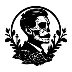 Black and white logo icon of a round shape depicting a man in a Day of the Dead holiday costume with flowers and a rose. Vector illustration.
