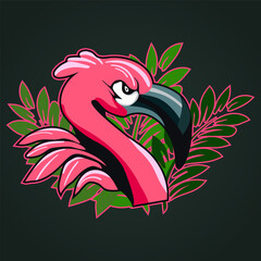 Angry and aggressive flamingo logo mascot with leaves in the background for a football team logo or game team logo. Vector illustration.