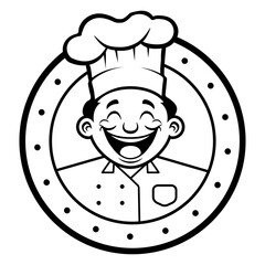 Coloring outline of a logo in a circle for a pizzeria that depicts a satisfied, cute, happy smiling chef in a culinary cap. Vector illustration.