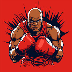 An angry boxer with red gloves stands confidently in a stance. Vector illustration.