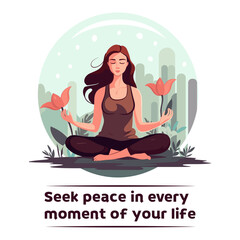 A young girl meditates in nature. Concept illustration for yoga, meditation, relax, recreation, healthy lifestyle. Vector illustration in flat cartoon style