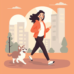 A young girl walks with a dog in the park with the city in the background. Vector cartoon illustration in flat style.